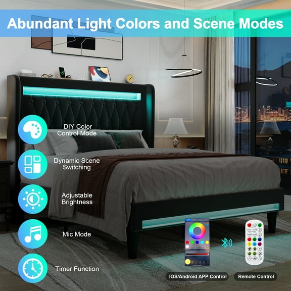 Amolife Queen Size LED Bed Frame, Upholstered Velvet Platfrom Bed with Charging Station, High Wingback Headboard & 2 Lights, No Box Spring Needed, 900 LBS Capacity, Black