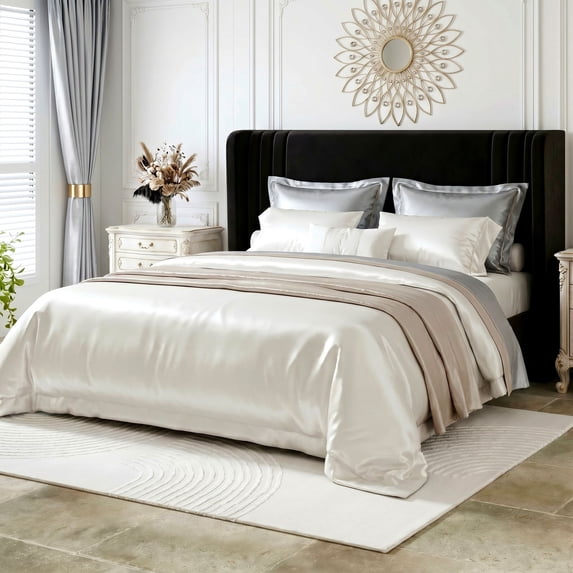 Amolife Queen Size Bed Frame, Velvet Platform Bed with Upholstered Wingback Headboard, No Box Spring Needed, Black