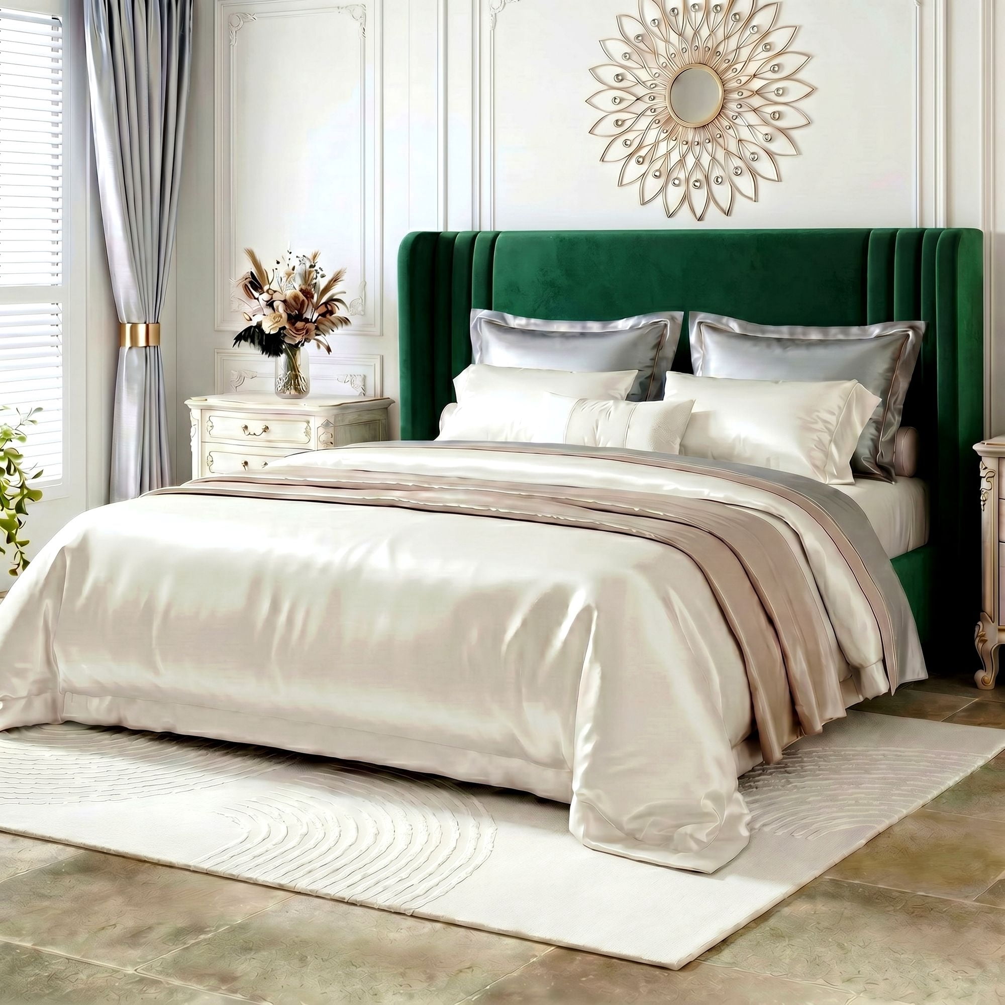 Amolife Queen Size Bed Frame, Velvet Platform Bed with Upholstered Wingback Headboard, No Box Spring Needed, Green