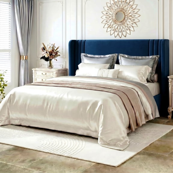 Amolife Queen Size Bed Frame, Velvet Platform Bed with Upholstered Wingback Headboard, No Box Spring Needed, Blue