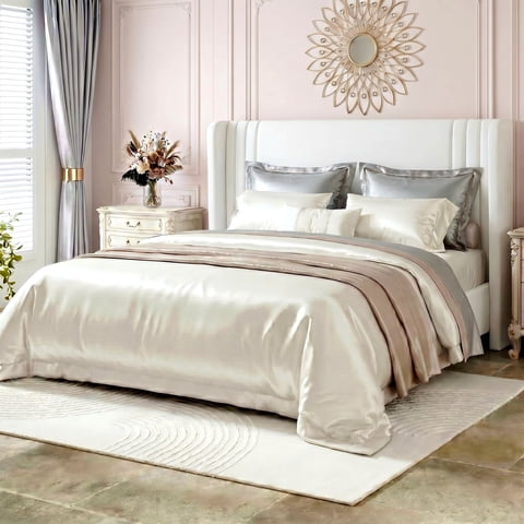Amolife Queen Size Bed Frame, Velvet Platform Bed with Upholstered Wingback Headboard, No Box Spring Needed, White