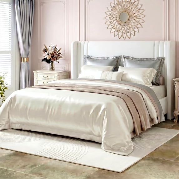Amolife Queen Size Bed Frame, Velvet Platform Bed with Upholstered Wingback Headboard, No Box Spring Needed, White