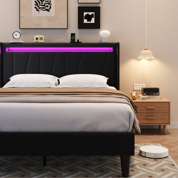 Amolife Queen Size Bed Frame with Charging Station & LED Light, Velvet Upholstered Platform Bed with Geometric Wingback Headboard, Black