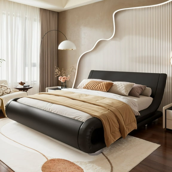 Amolife Queen Size Bed Frame with Curved Adjustable Headboard, Faux Leather Upholtered Platform Bed, Black