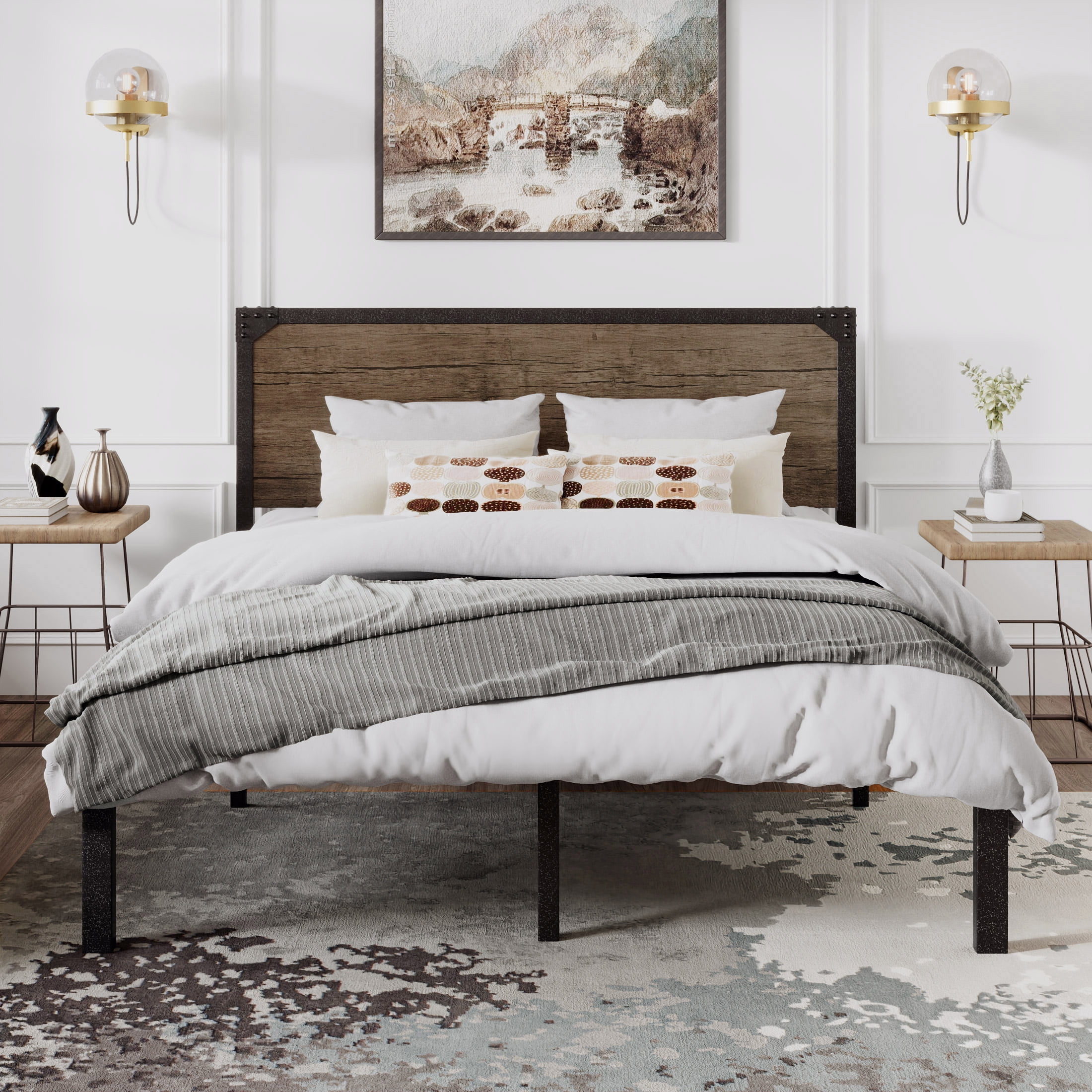 Amolife Queen Size Bed Frame with Industrial Wooden Rivet Headboard