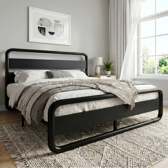 Amolife Queen Size Bed Frame with Rounded-Edge Headboard and Footboard, Sturdy Construction, No Box Spring Required, Black