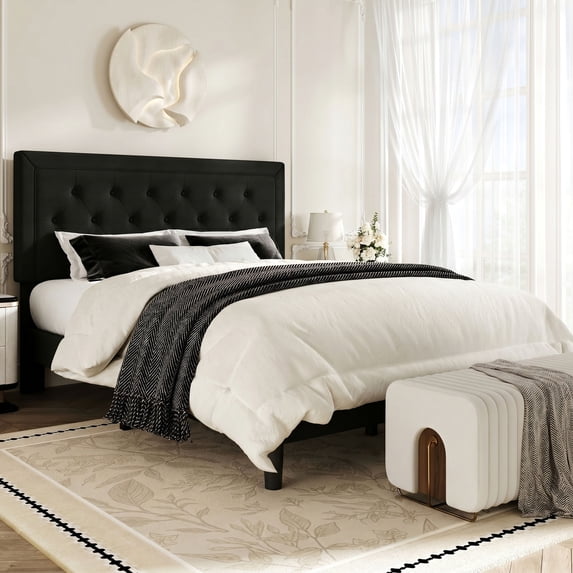 Amolife Queen Size Bed Frame with Upholstered Adjustable Headboard, No Box Spring Required, Black, Fabric