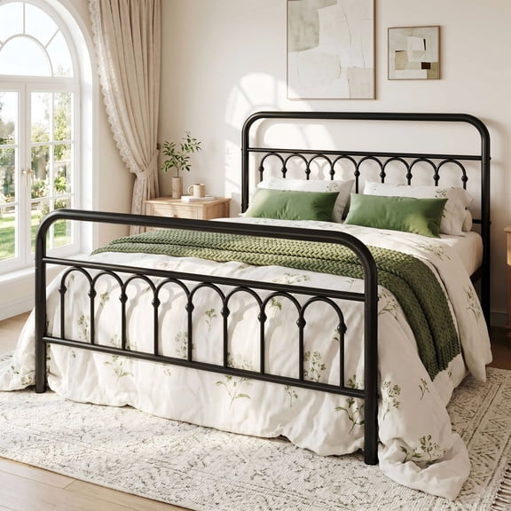 Amolife Queen Bed Frame, Metal Platform Bed with Vintage Curved Iron-Art Headboard, Easy Assembly, Black