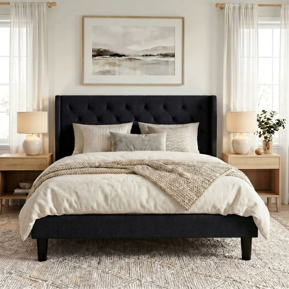 Amolife Queen Size Upholstered Platform Bed Frame with Fabric Diamond Deluxe Wingback Headboard, Black