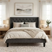 Amolife Queen Size Upholstered Platform Bed Frame with Fabric Diamond Deluxe Wingback Headboard, Dark Grey