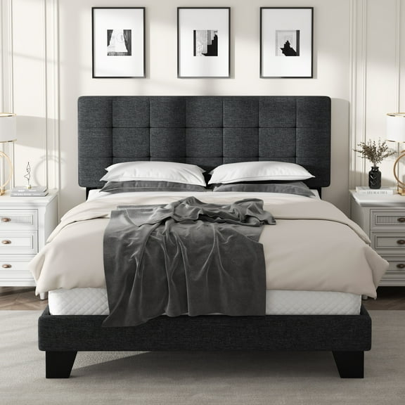 Amolife Queen Size Fabric Upholstered Panel Bed Frame with Adjustable Headboard, Square Stitched Style, Grey