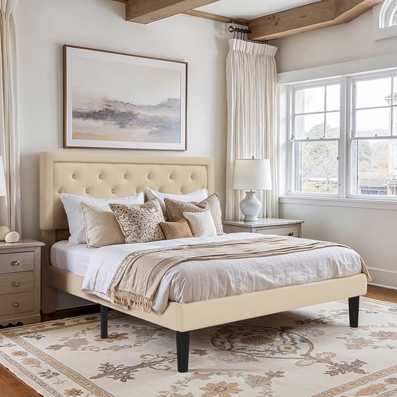 Amolife Queen Bed Frame with Adjustable Headboard, Fabric Upholstered Platform Bed, No Box Spring Required, Beige