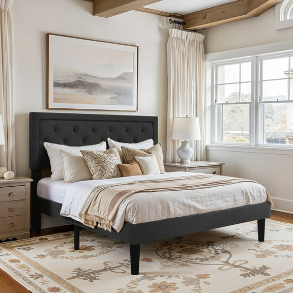 Amolife Queen Bed Frame with Adjustable Headboard, Fabric Upholstered Platform Bed, No Box Spring Required, Black