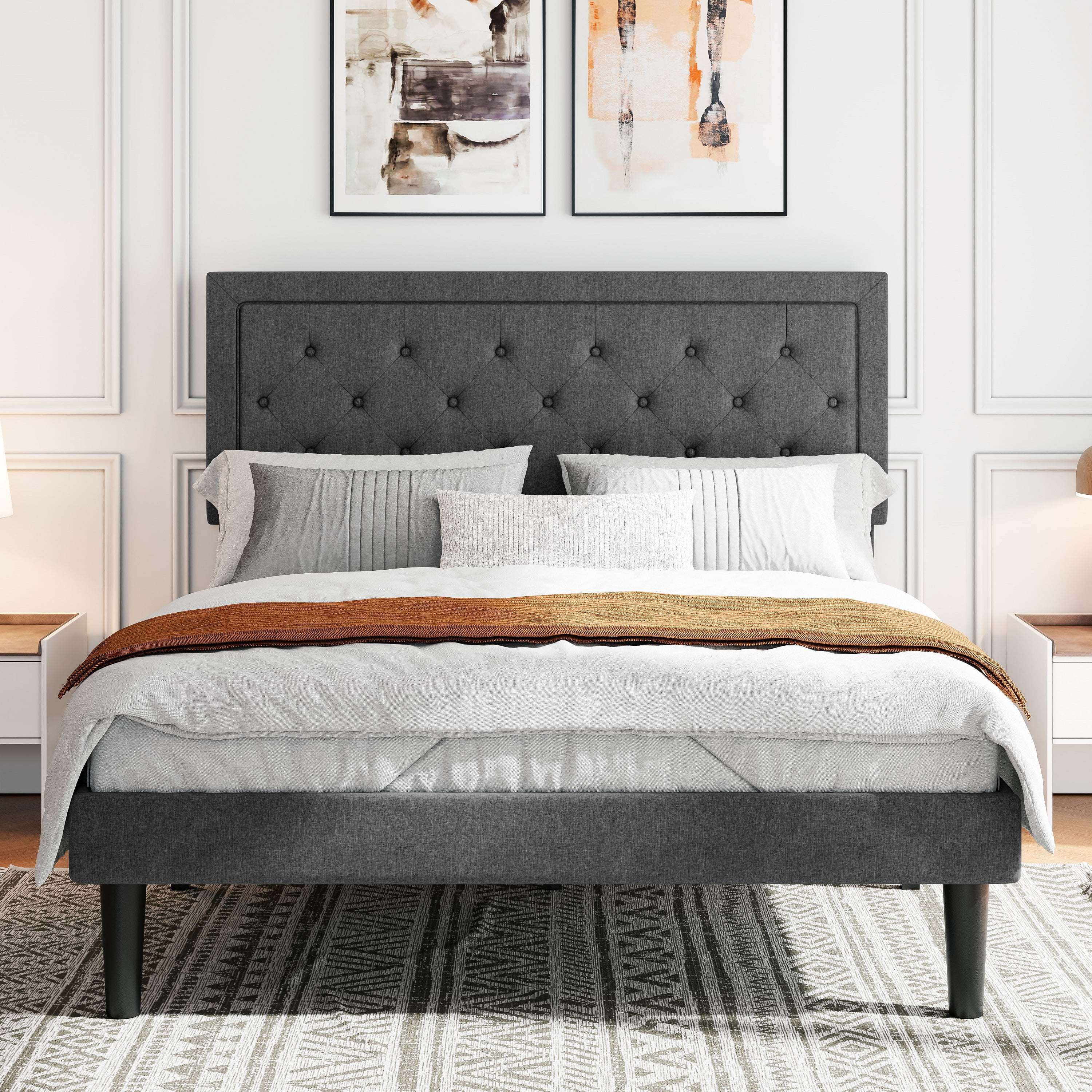 Amolife Queen Size Fabric Upholstered Platform Bed Frame with Button Tufted Headboard, Dark Grey