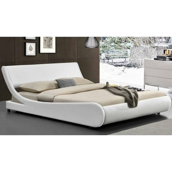 Amolife Queen Size Faux Leather Low Profile Sleigh Modern Platform Bed Frame with Adjustable Headboard, White
