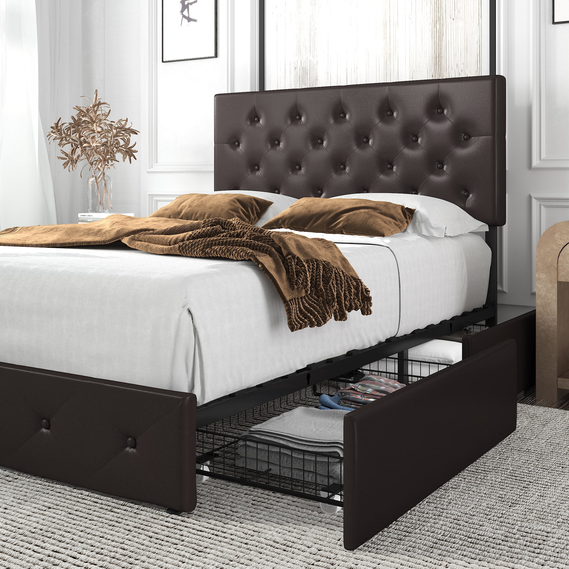 Queen Size Faux Leather Platform Bed Frame with Button Tufted