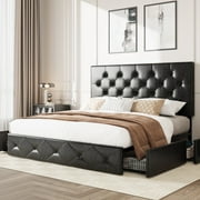 Amolife Queen Bed Frame with 4 Storage Drawers and Faux Leather Headboard, Black