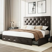 Amolife Queen Bed Frame with 4 Storage Drawers and Faux Leather Headboard, Brown