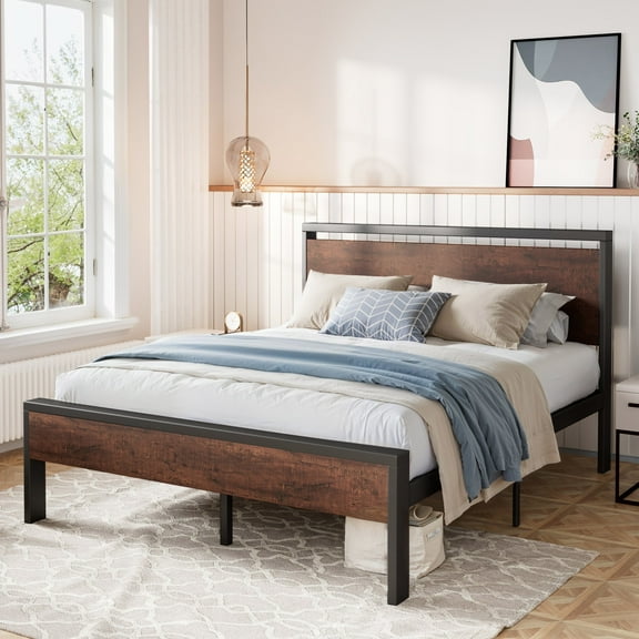 Amolife Queen Size Bed Frame, Heavy Duty Metal Platform Bed with Wooden Headboard & Footboard, Mahogony