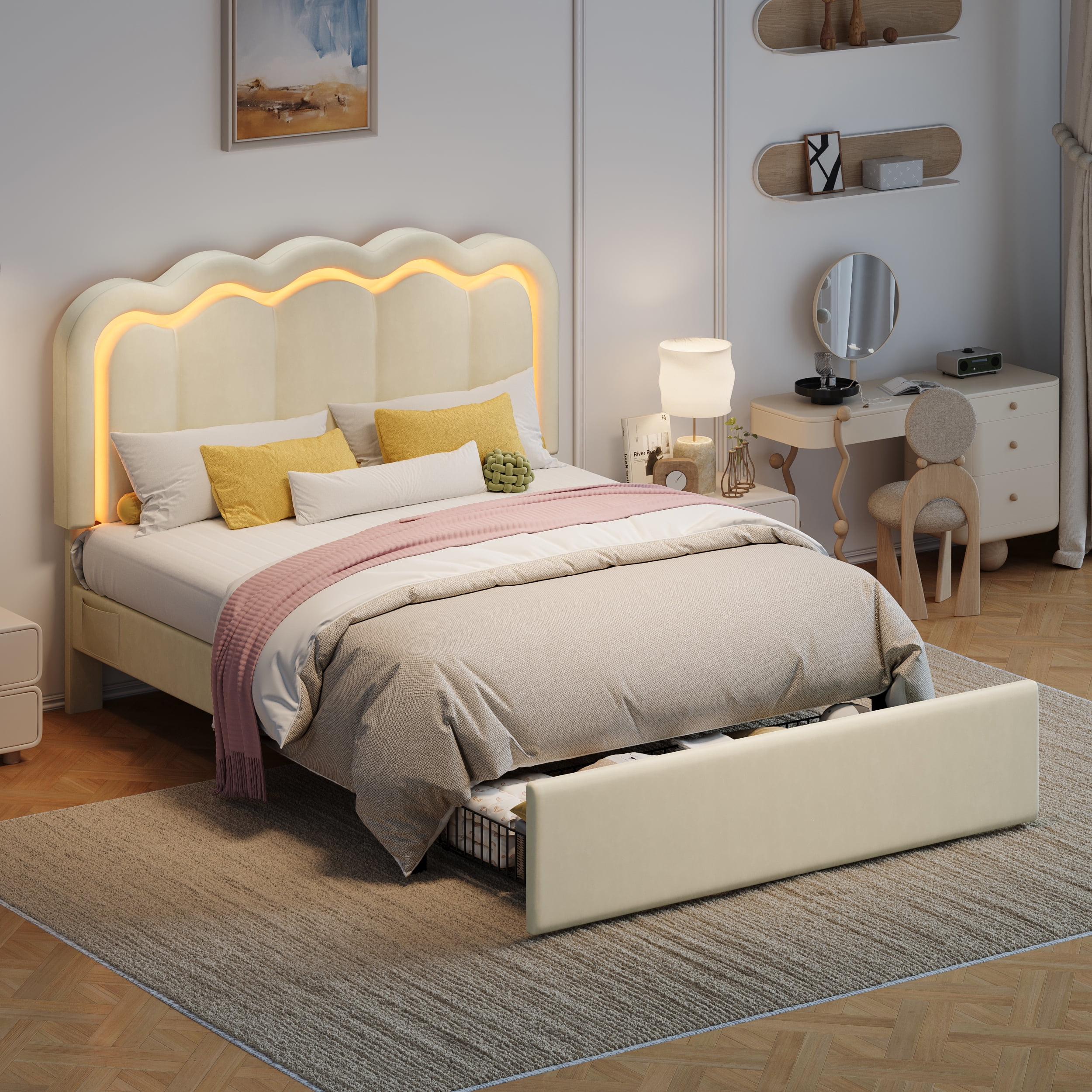 Amolife Queen Size LED Bed Frame with Drawer, Platform Bed with Velvet Upholstered Adjustable Wavy Headboard, Cream