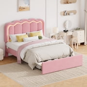 Amolife Queen Size LED Bed Frame with Drawer, Platform Bed with Velvet Upholstered Adjustable Wavy Headboard, Pink