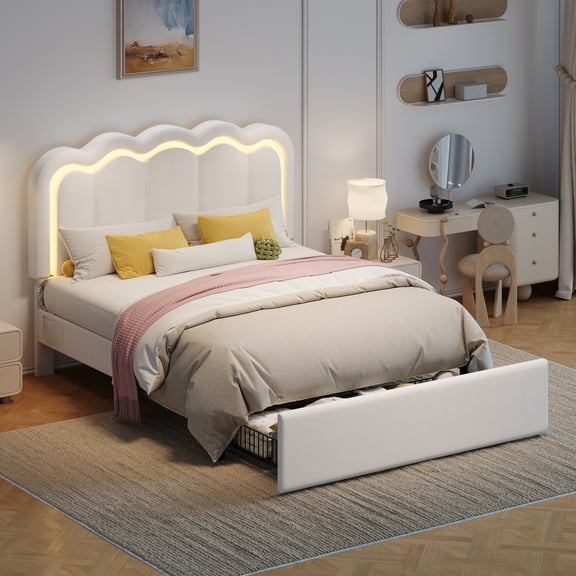 Amolife Queen Size LED Bed Frame with Drawer, Platform Bed with Velvet Upholstered Adjustable Wavy Headboard, White