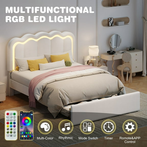 Amolife Queen Size LED Bed Frame with Drawer, Platform Bed with Velvet Upholstered Adjustable Wavy Headboard, White