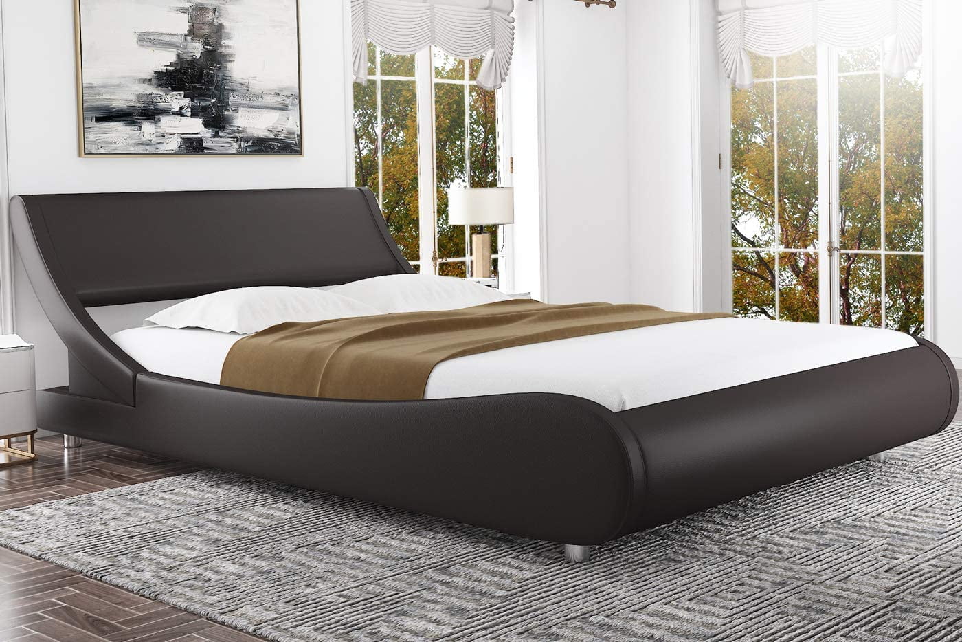 Amolife Queen Size Leather Sleigh Platform Bed Frame with Adjustable