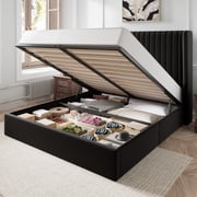 Amolife Queen Size Lift Up Hydraulic Storage Bed Frame, Platform Bed with Upholstered Wingback Headboard with Vertical Channel Tufting, Black