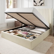 Amolife Queen Size Lift Up Hydraulic Storage Bed Frame, Platform Bed with Upholstered Wingback Headboard with Vertical Channel Tufting, Cream