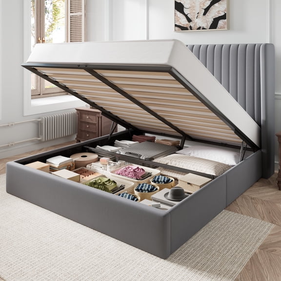 Amolife Queen Size Lift Up Hydraulic Storage Bed Frame, Platform Bed with Upholstered Wingback Headboard with Vertical Channel Tufting, Gray