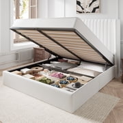 Amolife Queen Size Lift Up Hydraulic Storage Bed Frame, Platform Bed with Upholstered Wingback Headboard with Vertical Channel Tufting, White
