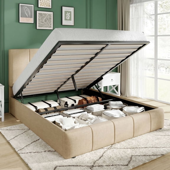 Amolife Queen Size Lift Up Storage Bed Frame, Velvet Upholstered Platform Bed with Adjustable Headboard, No Box Spring Needed, Beige