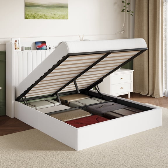 Amolife Queen Size Lift Up Storage Platform Bed Frame with Velvet Built-in Charging Station Wingback Headboard, White