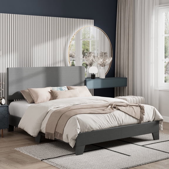 Amolife Queen Bed Frame, Fabric Platform Bed with Adjustable Headboard, No Box Spring Required, Light Gray