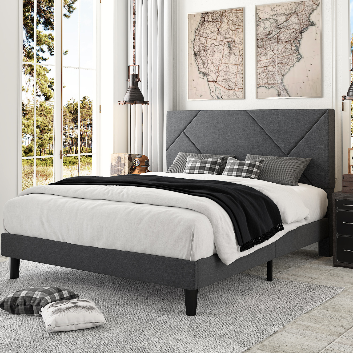 Mainstays Farmhouse Metal Bed, King Size Bed Frame, Grey