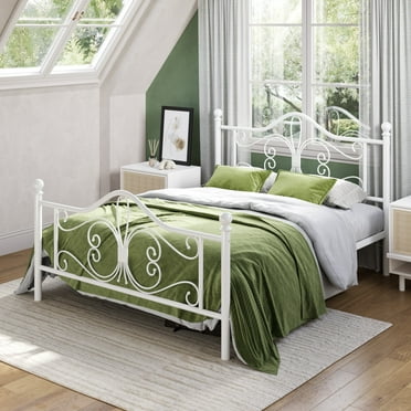 Amolife Queen Size Metal Platform Bed Frame With Butterfly Vintage Pattern Headboard&Footboard, White