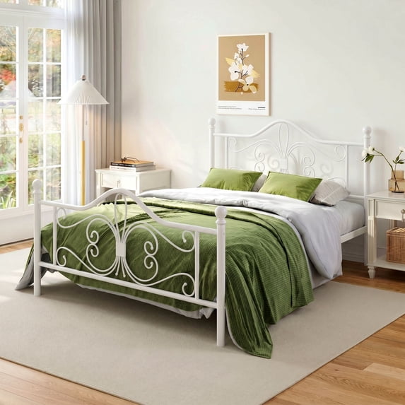 Amolife Queen Size Metal Platform Bed Frame With Butterfly Vintage Pattern Headboard&Footboard, White