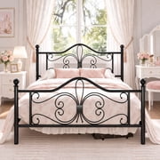Amolife Queen Size Metal Platform Bed Frame with Vintage Butterfly Pattern Headboard & Footboard, Black