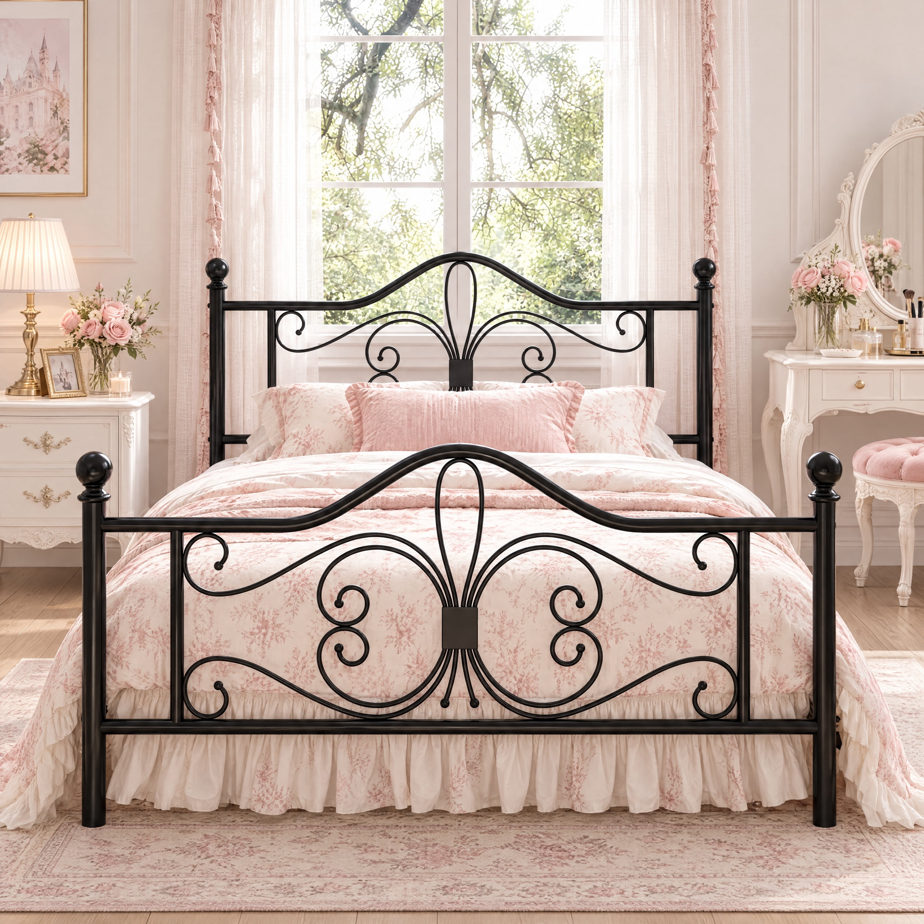 Amolife Queen Size Metal Platform Bed Frame with Vintage Butterfly Pattern Headboard & Footboard, Black