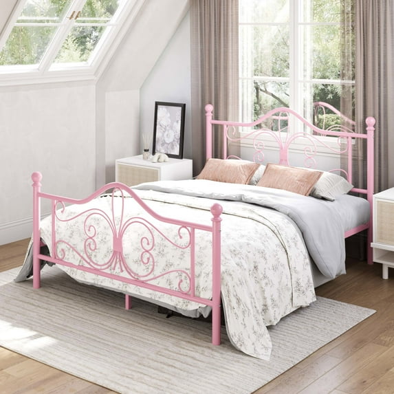 Amolife Queen Size Metal Platform Bed Frame With Vintage Butterfly Pattern Headboard & Footboard, Pink