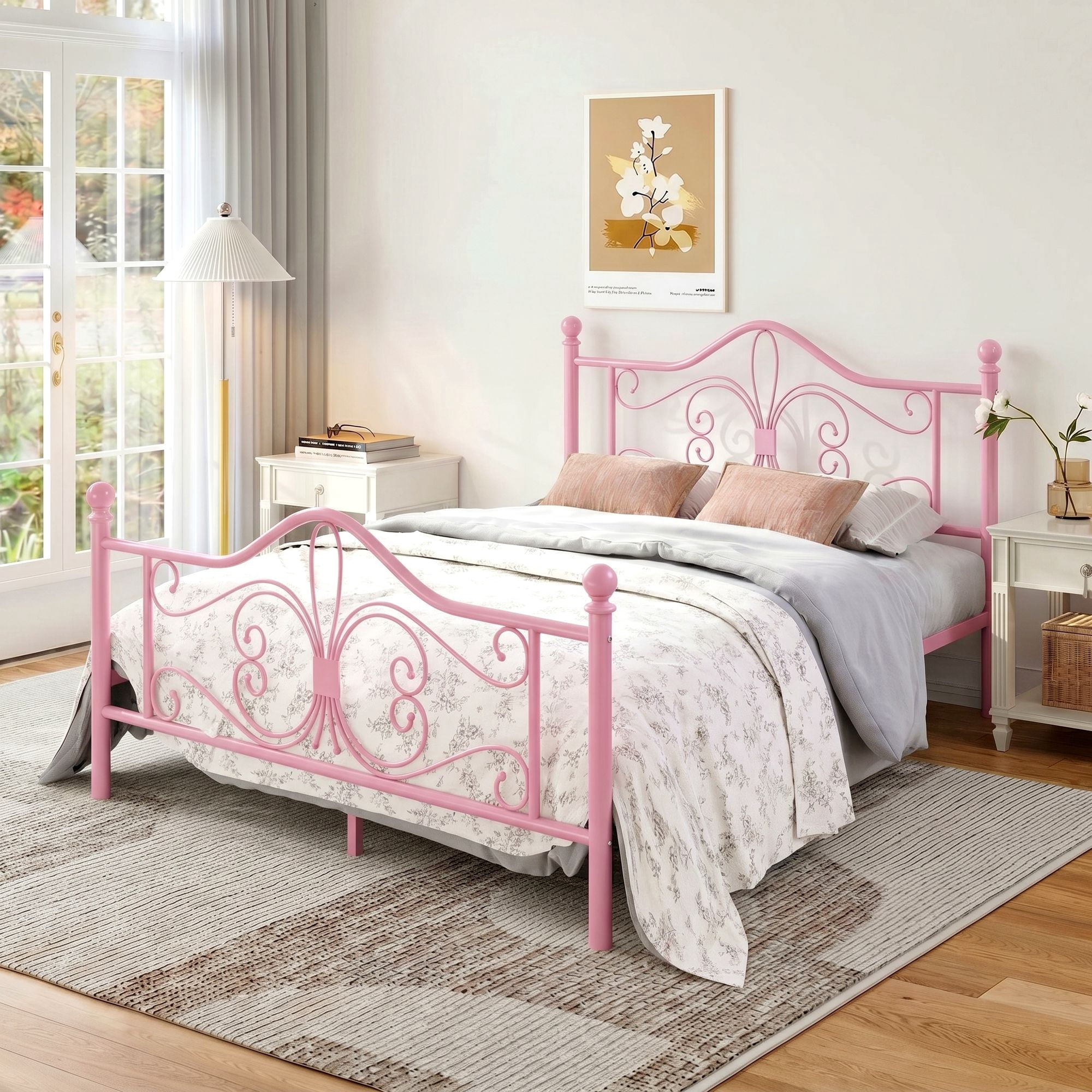 Amolife Queen Size Metal Platform Bed Frame With Vintage Butterfly Pattern Headboard & Footboard, Pink