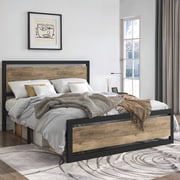 Amolife Queen Size Metal Platform Bed Frame with Wooden Headboard, 12.4" Under-Bed Storage, Brown