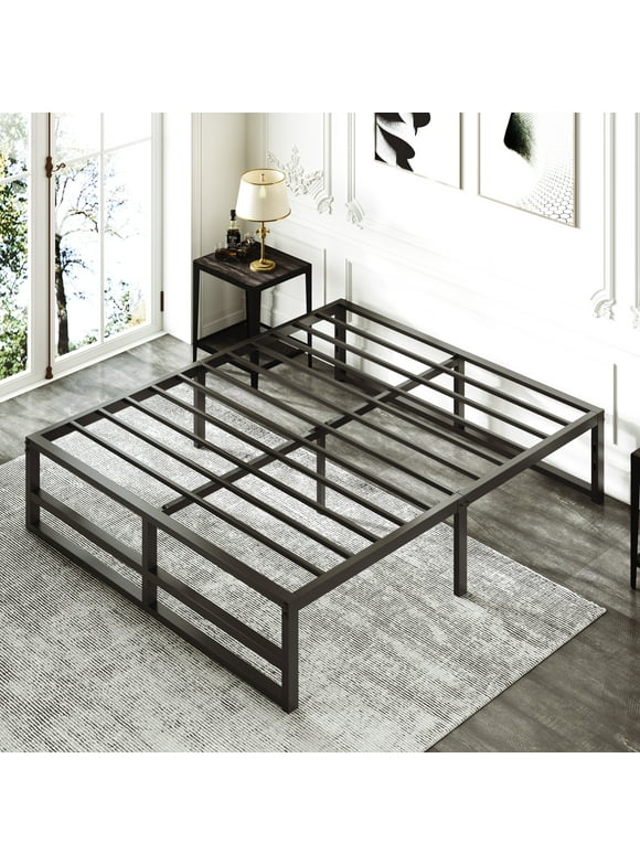 Amolife Queen Size Metal Platform Bed Frame with Solid Metal Slat Support, Black