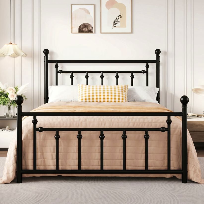 Amolife Queen Bed Frame, Metal Platform Bed with Vintage Headboard & No Box Spring Needed, Black