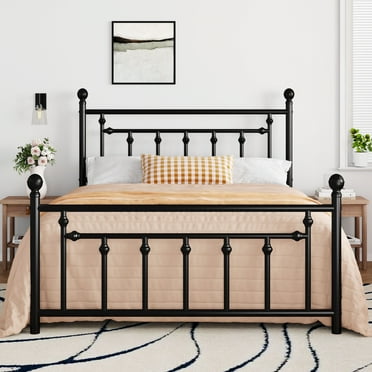 Amolife Queen Size Metal Platform Bed Frame with Vintage Style Headboard & Footboard, Black