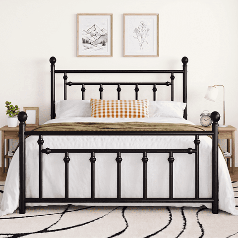 Amolife Queen Bed Frame, Metal Platform Bed with Vintage Headboard & No Box Spring Needed, Black