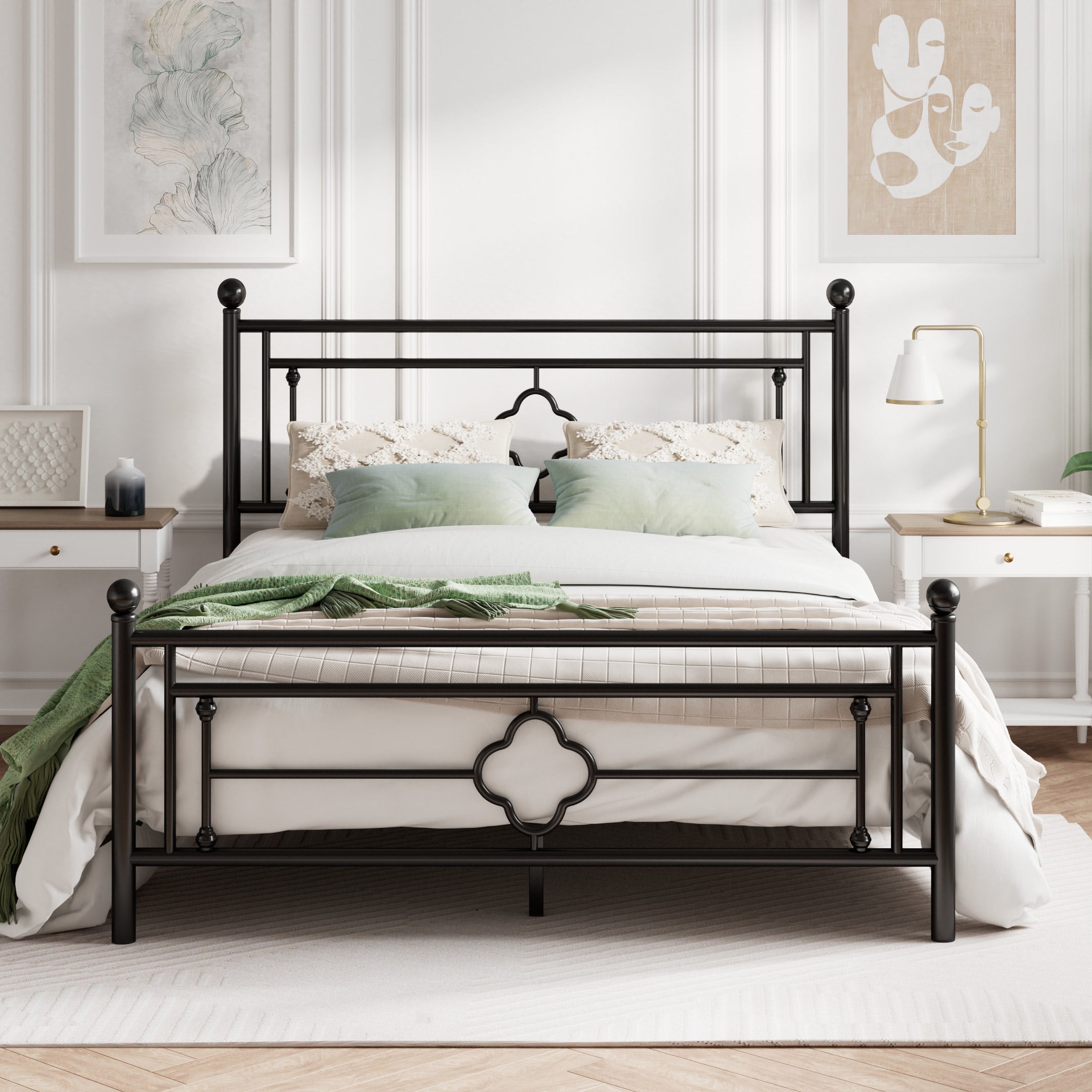 Amolife Queen Size Metal Platform Bed Frame with Vintage Cross Pattern
