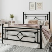 Amolife Queen Size Metal Platform Bed Frame with Vintage Cross Pattern Headboard&Footboard, Black