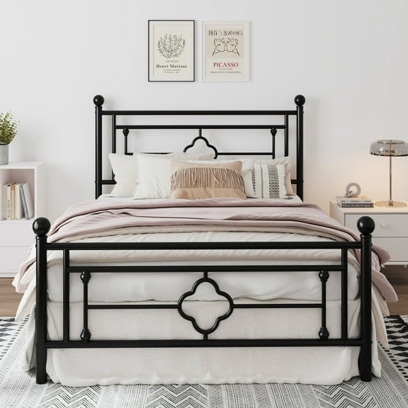 Amolife Queen Size Metal Platform Bed Frame with Vintage Cross Pattern Headboard&Footboard, Black